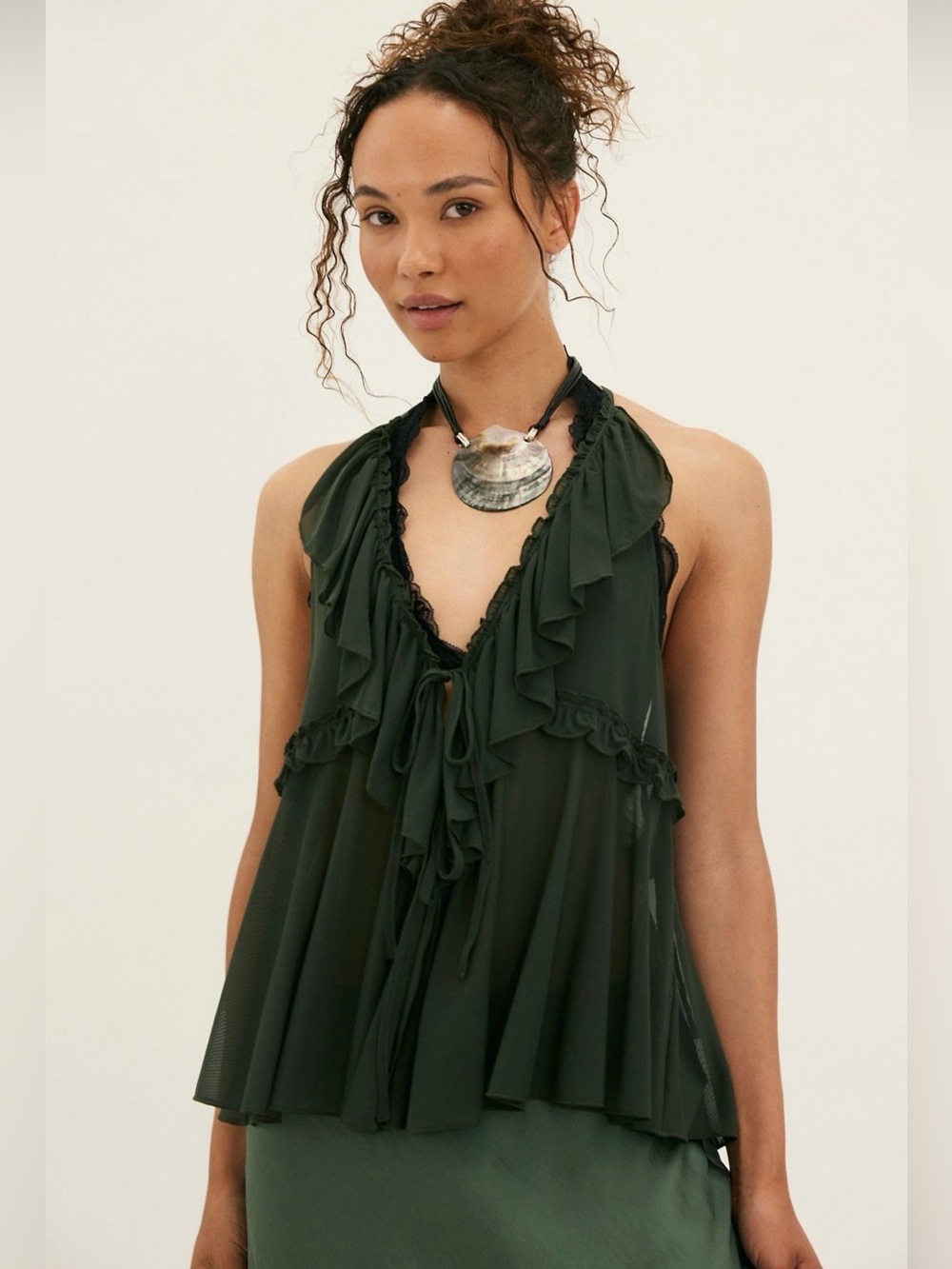 Free People Fearless Solid Ruffled Halter V-Neck Tank Top - Deep Forest sz Small